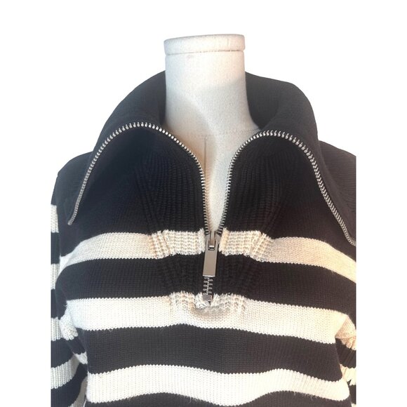 ZARA Black & Off White Medium Striped Half-Zip Sweater With Ribbed Trim - Picture 6 of 11
